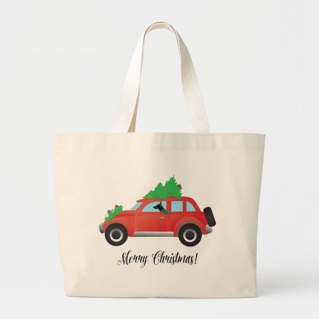 Rat Terrier Dog Driving a Christmas Car Large Tote Bag (Front)