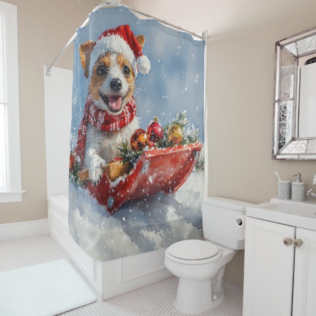 Rat Terrier Dog in Sledge Let it Snow Christmas  Shower Curtain (In Situ)