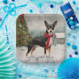 Rat Terrier Dog in Snow Christmas Paper Plate