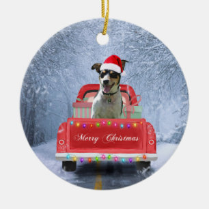 Rat Terrier Dog in Snow sitting in Christmas Truck Ceramic Tree Decoration