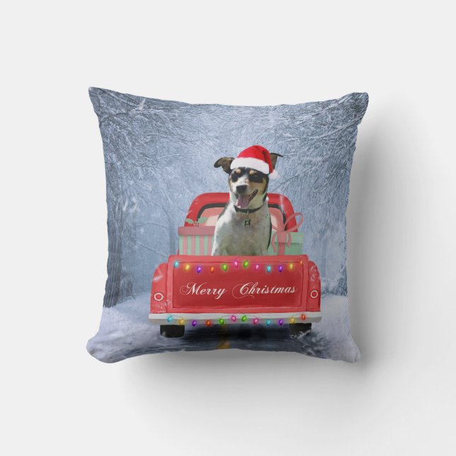 Rat Terrier Dog in Snow sitting in Christmas Truck Cushion (Front)