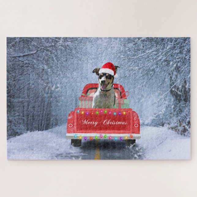 Rat Terrier Dog in Snow sitting in Christmas Truck Jigsaw Puzzle (Horizontal)