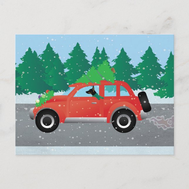 Rat Terrier Driving a Christmas Car with a Tree Holiday Postcard (Front)