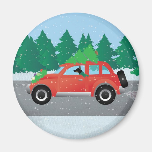 Rat Terrier Driving a Christmas Car with a Tree Magnet (Front)