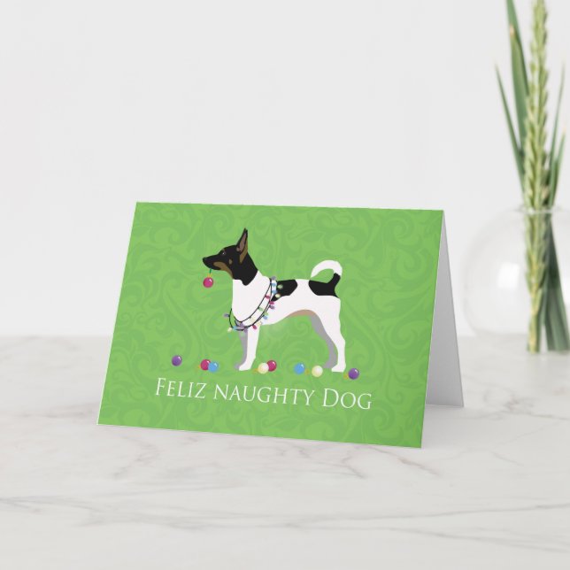 Rat Terrier Feliz Naughty Dog Christmas Holiday Card (Front)