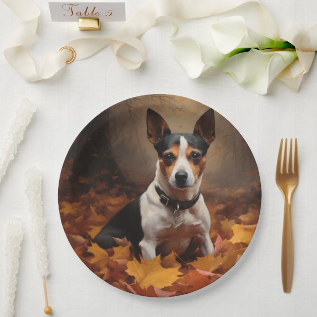 Rat Terrier in Autumn Leaves Fall Inspire  Paper Plate (Wedding)