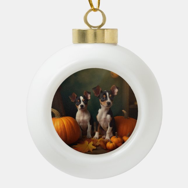 Rat Terrier Puppy Autumn Delight Pumpkin  Ceramic Ball Christmas Ornament (Front)