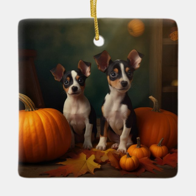 Rat Terrier Puppy Autumn Delight Pumpkin  Ceramic Ornament (Front)