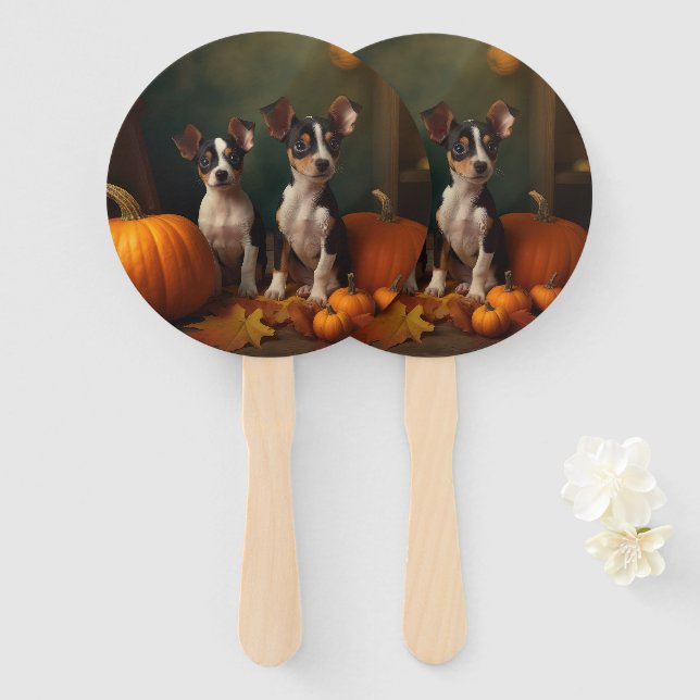 Rat Terrier Puppy Autumn Delight Pumpkin  Hand Fan (Front and Back)