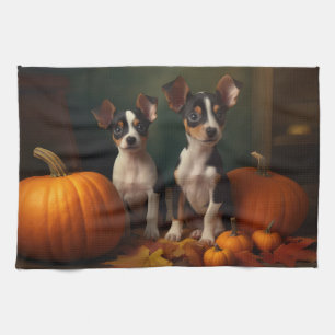 Rat Terrier Puppy Autumn Delight Pumpkin Tea Towel