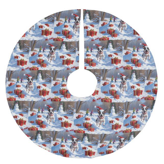 Rat Terrier Running in Snow with Christmas Hat Brushed Polyester Tree Skirt (Front)