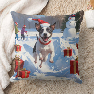 Rat Terrier Running in Snow with Christmas Hat Cushion