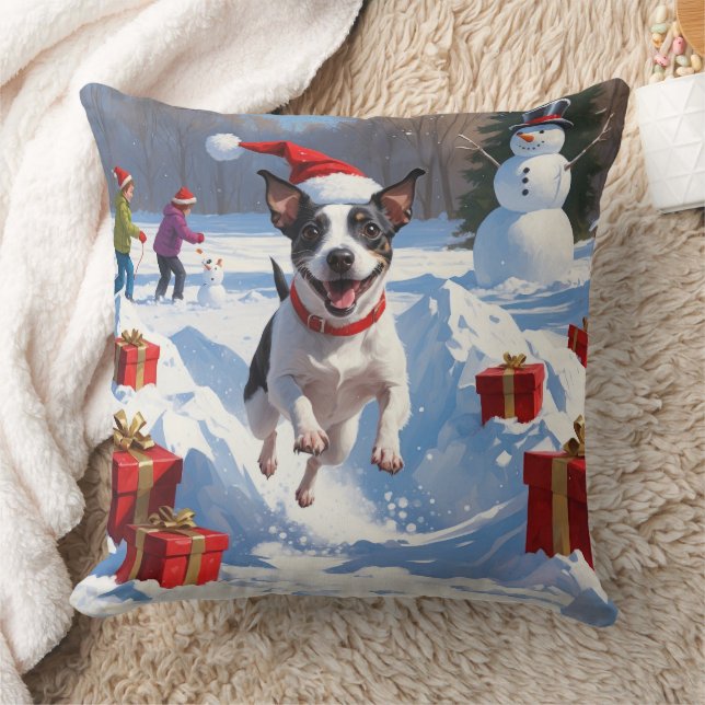 Rat Terrier Running in Snow with Christmas Hat Cushion (Blanket)