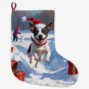 Rat Terrier Running in Snow with Christmas Hat Large Christmas Stocking