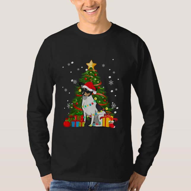 Rat Terrier Santa Christmas Tree Light Pajama Dog T-Shirt (Front)