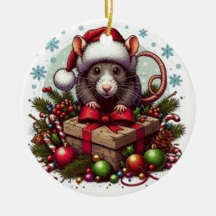 Rat wearing santa hat Christmas presents Art Ceramic Tree Decoration