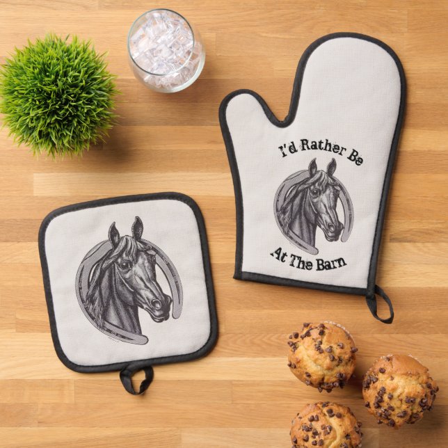 Rather Be At Barn Horse Lover Pony Equestrian Oven Mitt & Pot Holder Set (Top Down)