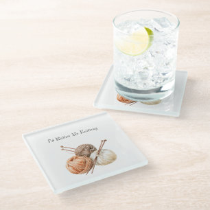 Rather Be Knitting Orange Brown Cream Yarn Glass Coaster