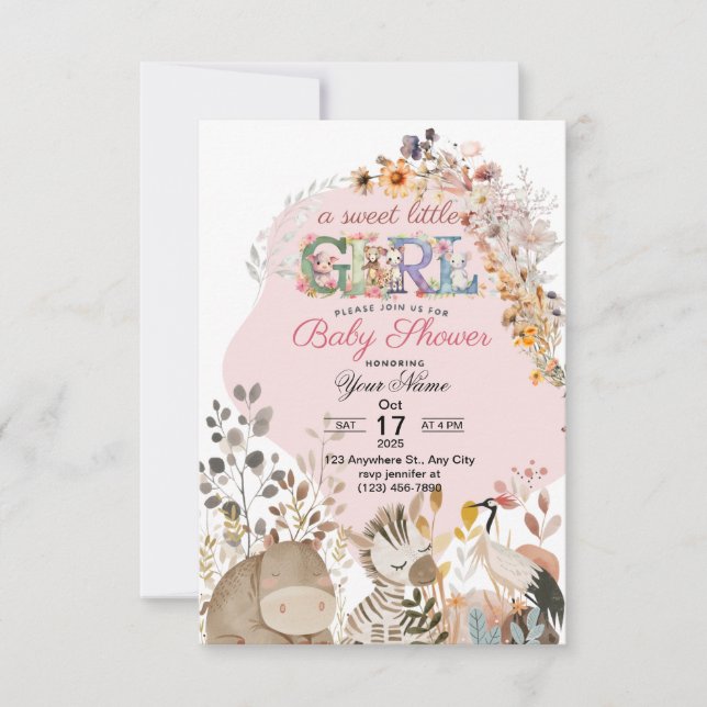 Ratinbow baby shower invitation for baby girl  (Front)