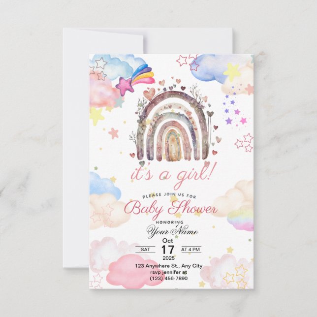 Ratinbow baby shower invitation for baby girl  (Front)