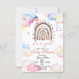 Ratinbow baby shower invitation for baby girl 