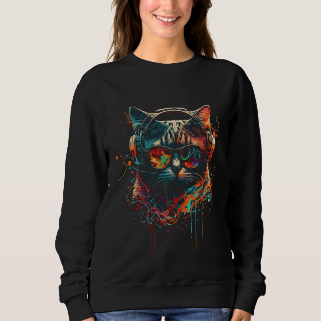 Rave Cat Dj EDM Kitten Tech House Music Kitty Sweatshirt (Front)