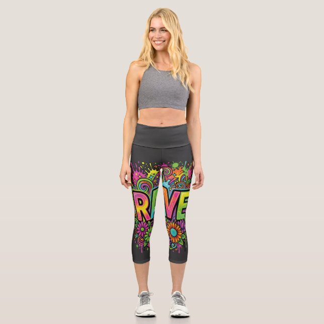 RAVE Neon Flowers Capri Leggings (Front)