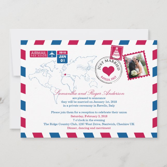 Ravello Italy Airmail Post Wedding Reception Invitation (Front)