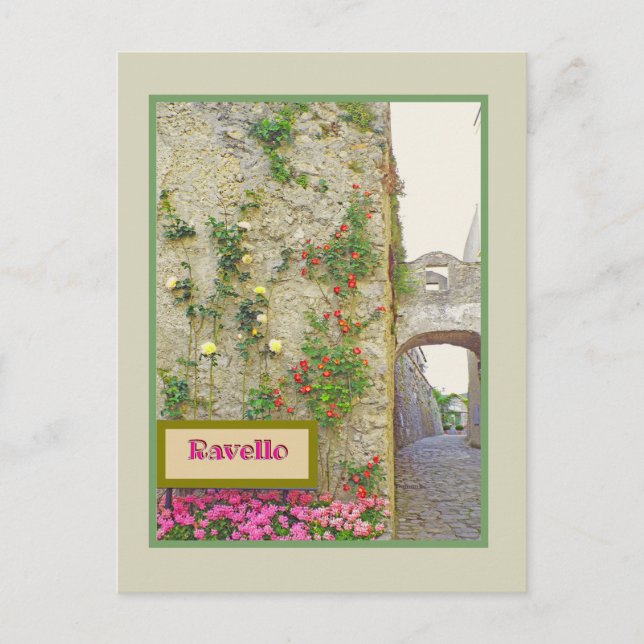 RAVELLO,ITALY/COBBLESTONE STREET, ARCHWAY, ROSES POSTCARD (Front)