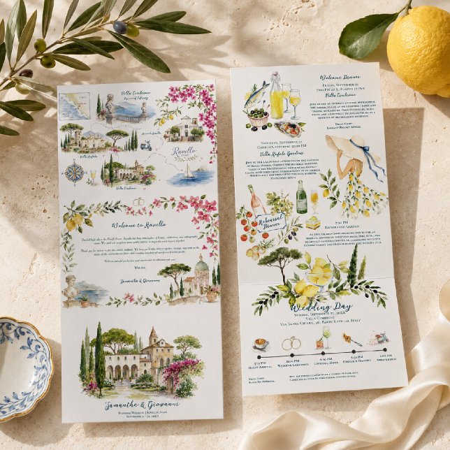 Ravello Italy Watercolor Wedding Tri-Fold Invitation (Creator Uploaded)