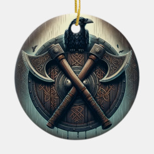 Raven and Axes – Norse Warrior Shield Wall Art Ceramic Tree Decoration