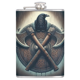 Raven and Axes – Norse Warrior Shield Wall Art Hip Flask