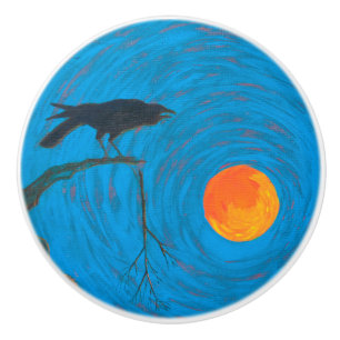 Raven and Full Moon Ceramic Knob