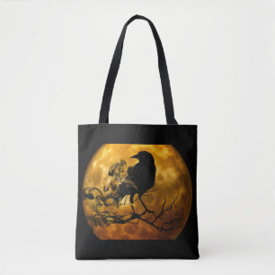 Raven and harvest moon fall tote bag