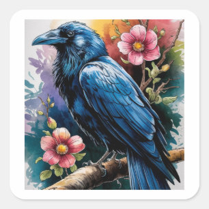 Raven and Roses Watercolor Square Sticker