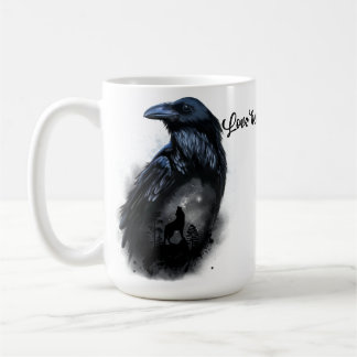 Raven and wolf that howls at the moon coffee mug