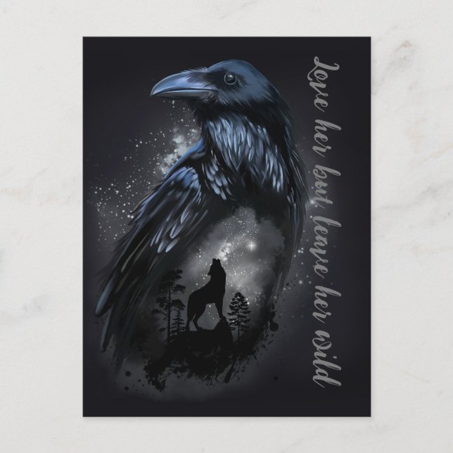 Raven and wolf that howls at the moon postcard (Front)