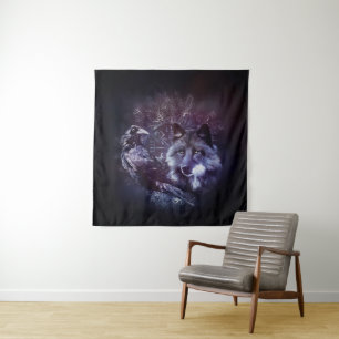 Raven and Wolf - Vegvisir and Tree of life Tapestry