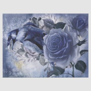 Raven Bird Blue Rose Whimsical Decoupage Tissue Paper