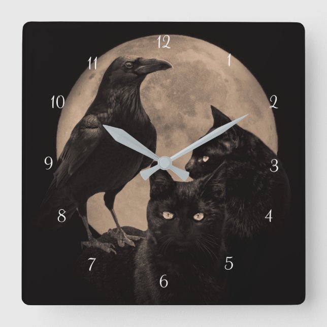 Raven Black Cat Magic Square Wall Clock (Front)