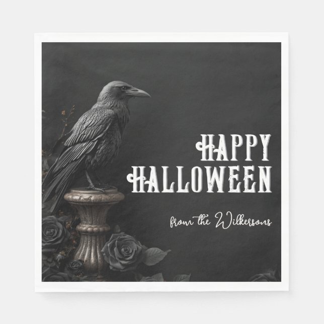 Raven & Black Rose Gothic Halloween Custom Name Napkin (Front)