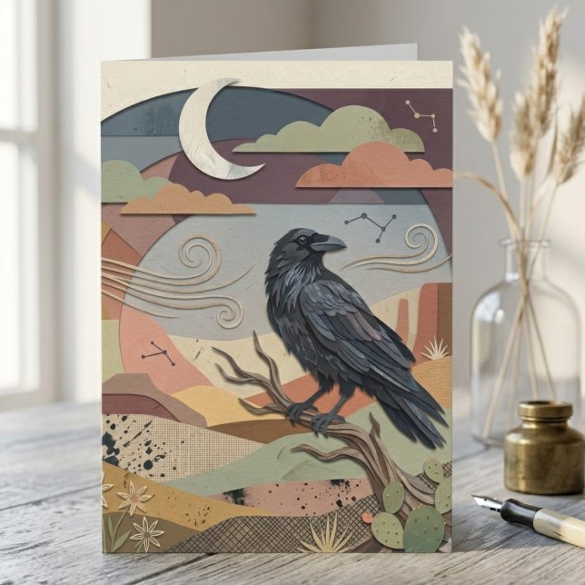 Raven Card – Desert Night Greeting Card (Raven moon and desert boho mystical note card)