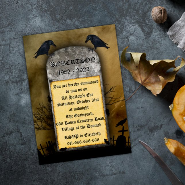 Raven Cemetery Creepy Halloween Invitation Postcard (Creator Uploaded)