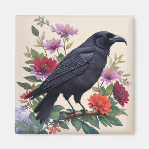 Raven Colourful Floral Art Magnet