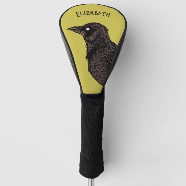 Raven Creepy Crow Bright Gothic Ink Art Name Golf Head Cover (Front)