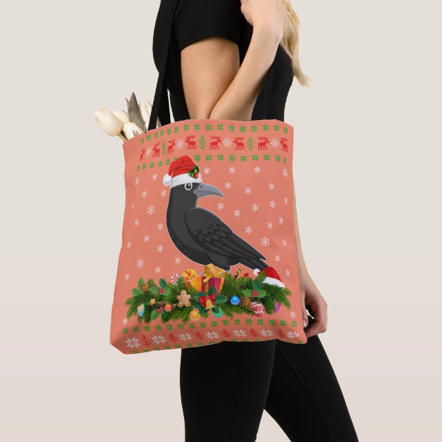 Raven Crow Bird Lover Xmas Santa Hat Ugly Crow Tote Bag (Close Up)