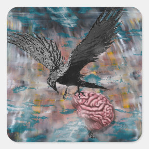 Raven Crow Black Bird Brain Abstract Surreal Art Square Sticker