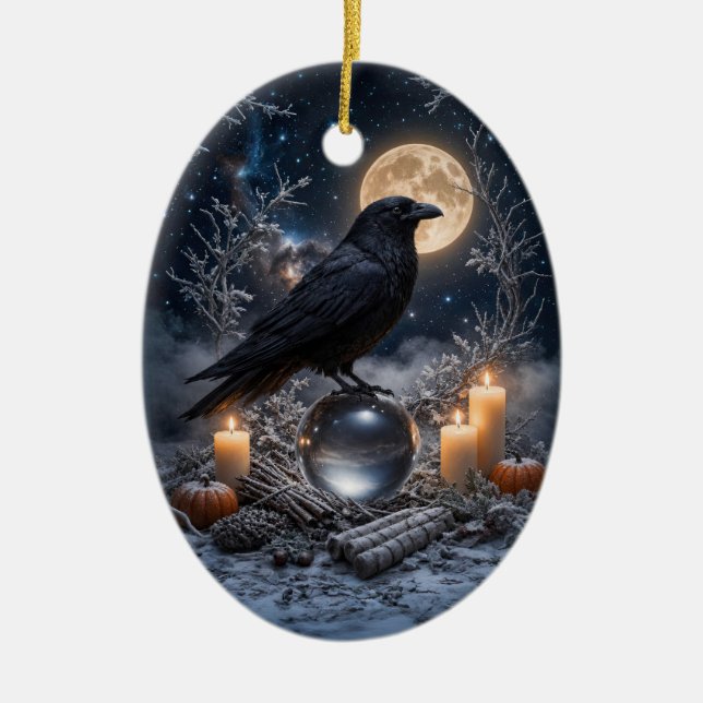 Raven Crystal with Candles Mystical Magical Ceramic Tree Decoration (Front)