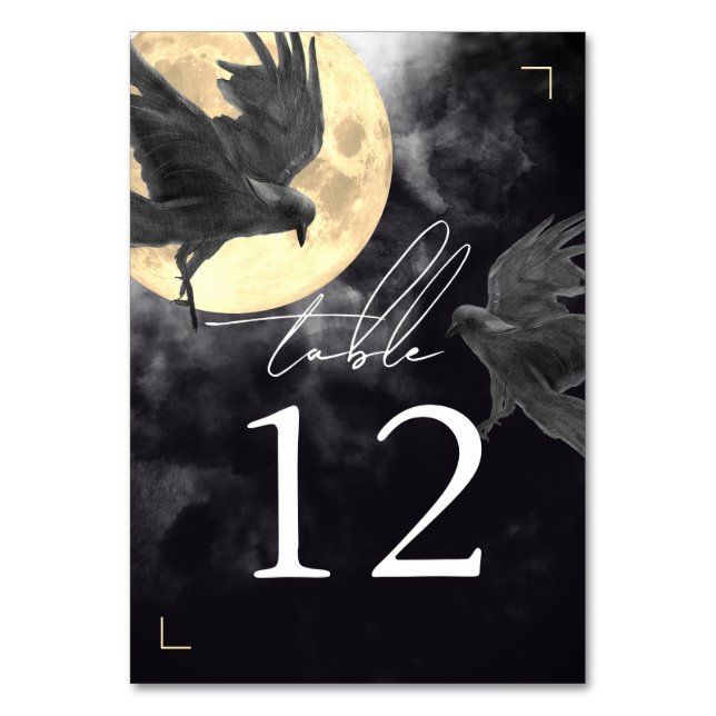 Raven & Golden Moon Gothic Wedding Table Number (Front)