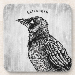 Raven Gothic Black White Horror Ink Do Not Enter Coaster
